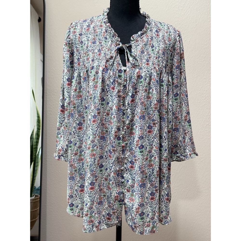 Rose & Olive Floral Tunic Blouse Balloon Sleeve‎ Split Neck Multicolor Women